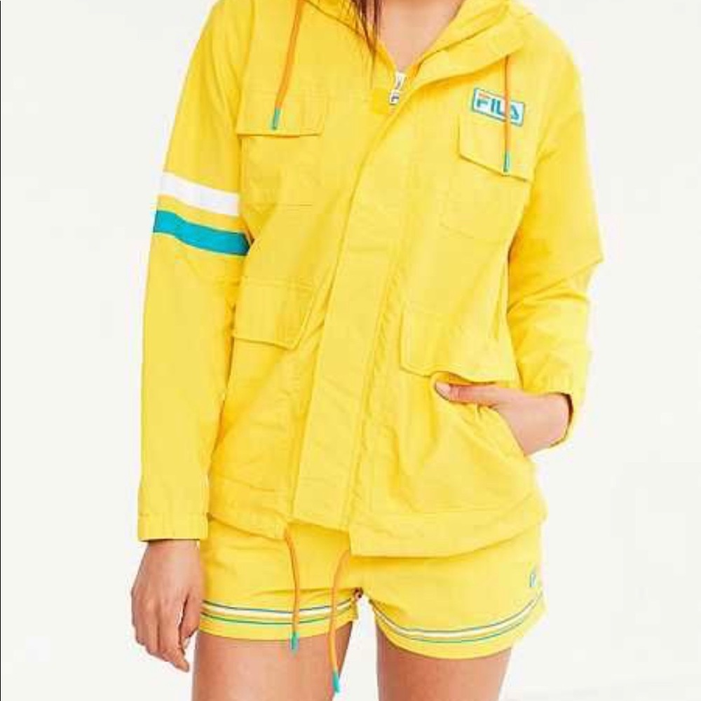 Yellow FILA hooded windbreaker from Urban Outfitters with Velcro closures
